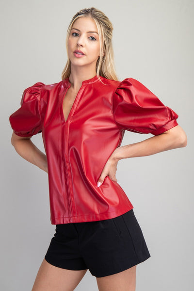 Grace V-neck Vegan Leather Top With Puff Sleeves