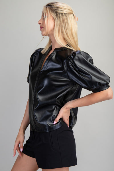 Grace V-neck Vegan Leather Top With Puff Sleeves