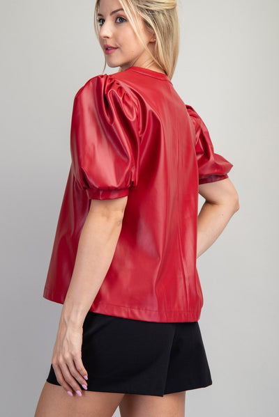 Grace V-neck Vegan Leather Top With Puff Sleeves