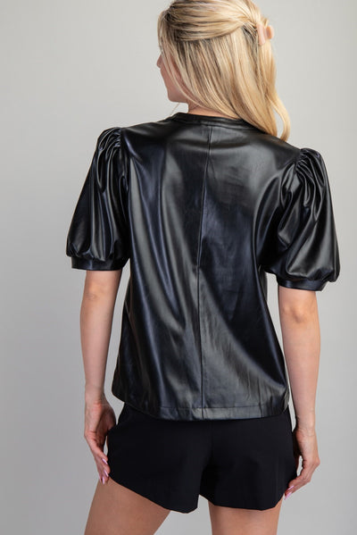 Grace V-neck Vegan Leather Top With Puff Sleeves