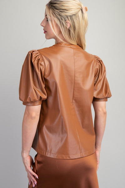 Grace V-neck Vegan Leather Top With Puff Sleeves