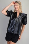 Grace V-neck Vegan Leather Top With Puff Sleeves