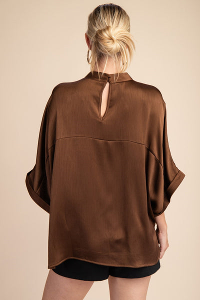 Inyo Mock Neck Loose Fit Top - Brown