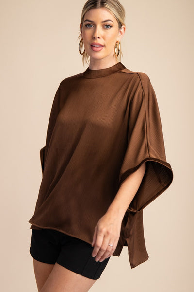 Inyo Mock Neck Loose Fit Top - Brown