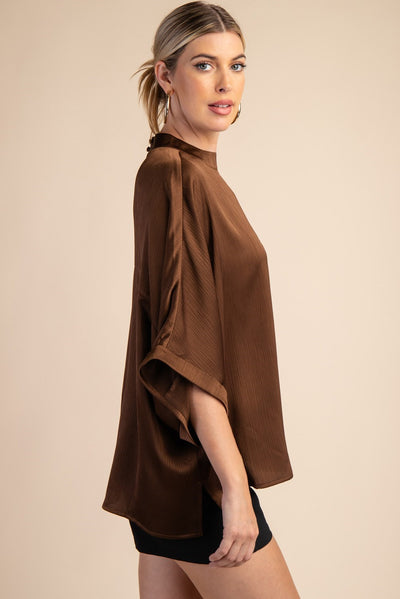 Inyo Mock Neck Loose Fit Top - Brown