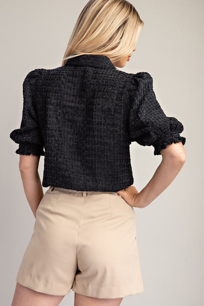 Del Norte Textured Button Up Puff Sleeve Blouse - Black