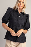 Del Norte Textured Button Up Puff Sleeve Blouse - Black