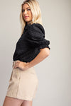 Del Norte Textured Button Up Puff Sleeve Blouse - Black