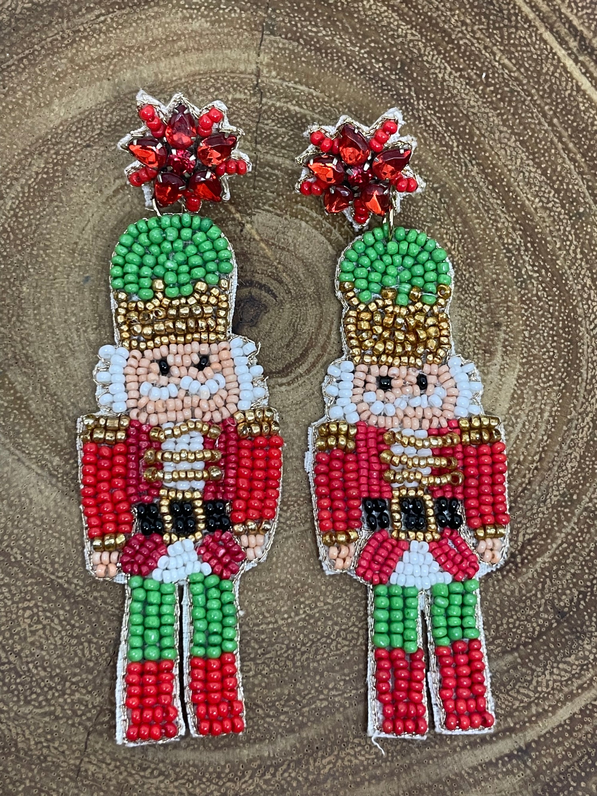 Green Hat Beaded Nutcracker Earrings - 3.5"