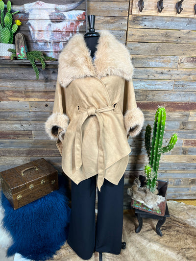 Suede Belted Cape With Wide Vegan Fur Collar & Cuffs - Tan