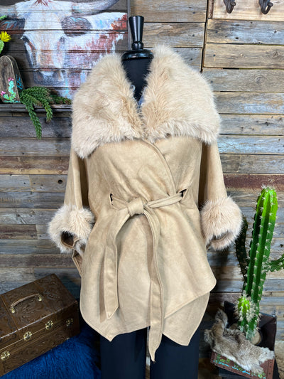 Suede Belted Cape With Wide Vegan Fur Collar & Cuffs - Tan