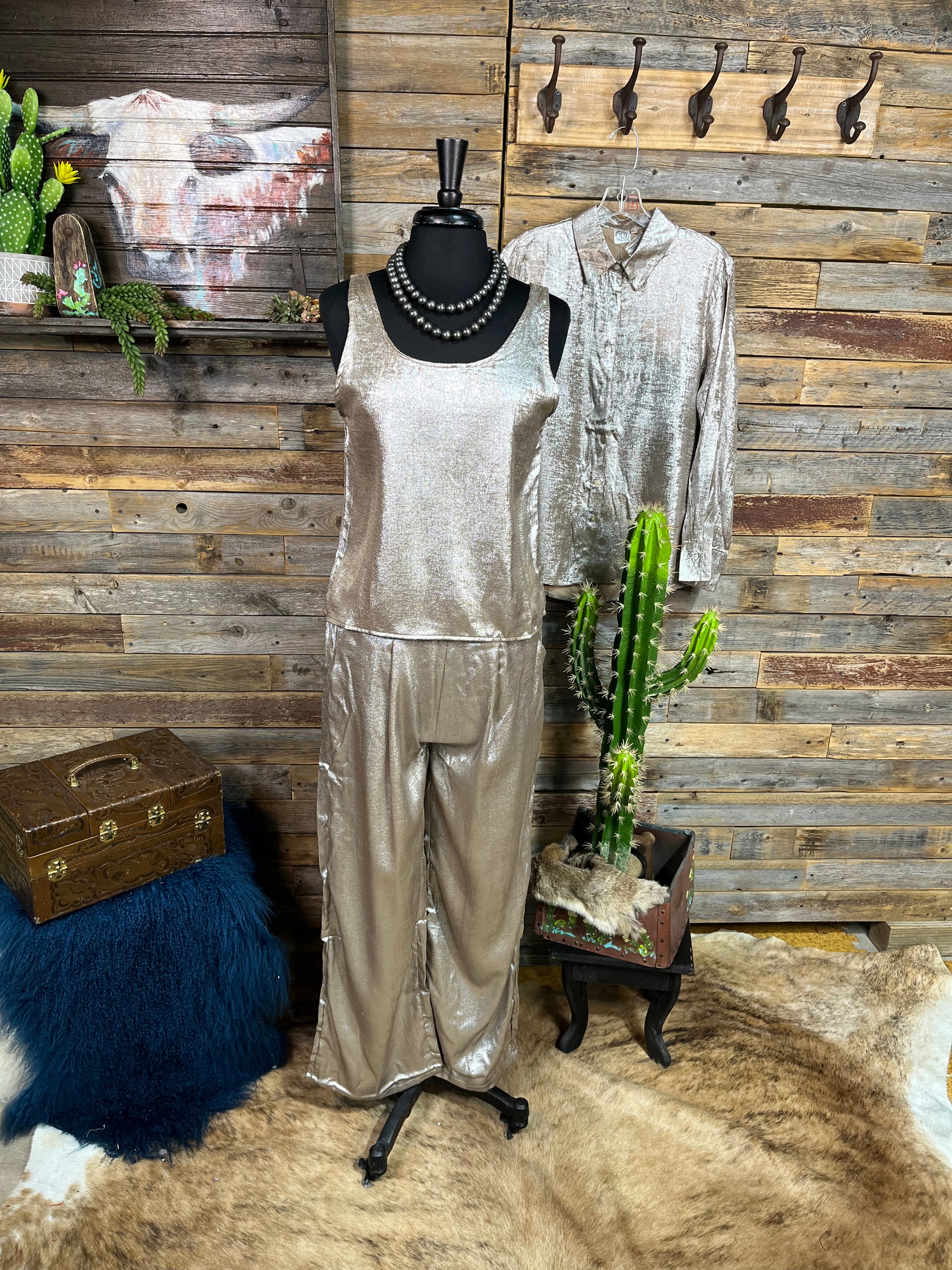 Rodanthe Metallic Pull On Front Pleated Wide Leg Pant