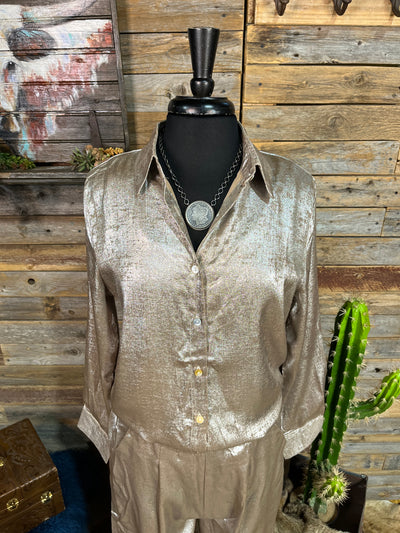 Rodanthe Metallic Button Up Collared Shirt - Champagne Gold