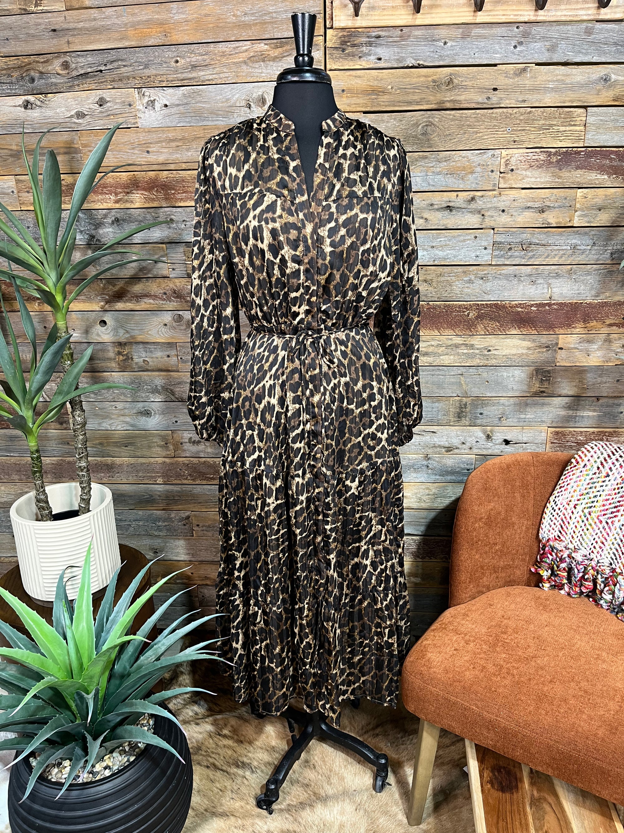 Animal Print Chiffon Button Down Mid Dress