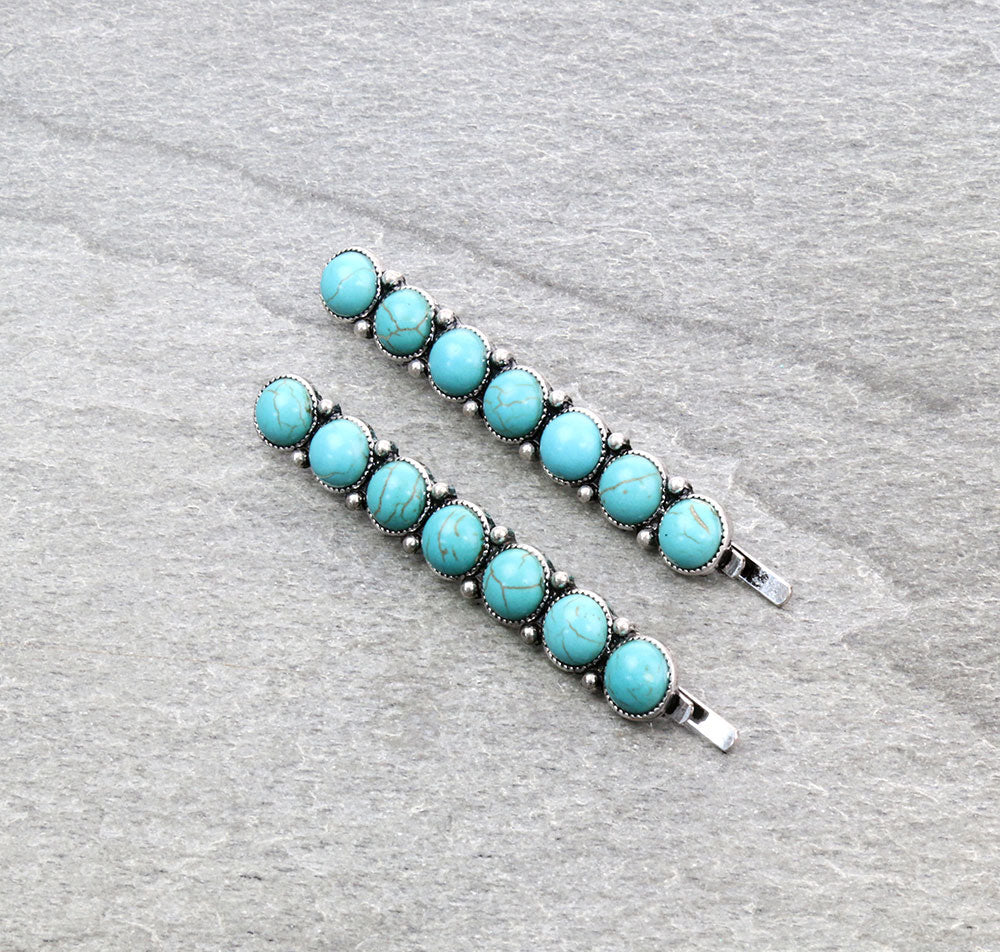 Norfolk Fashion Round Turquoise Stone Bobby Pin Set of 2