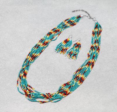 Addison 12 Strand Seed Bead Necklace & Earrings - Turquoise Multi