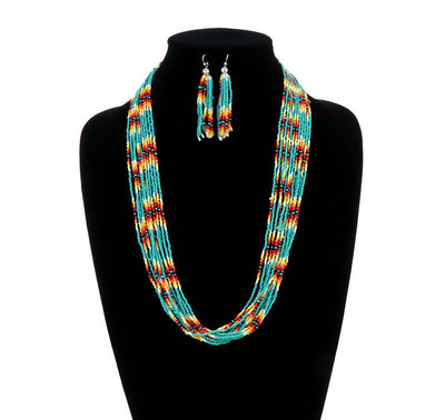 Addison 12 Strand Seed Bead Necklace & Earrings - Turquoise Multi