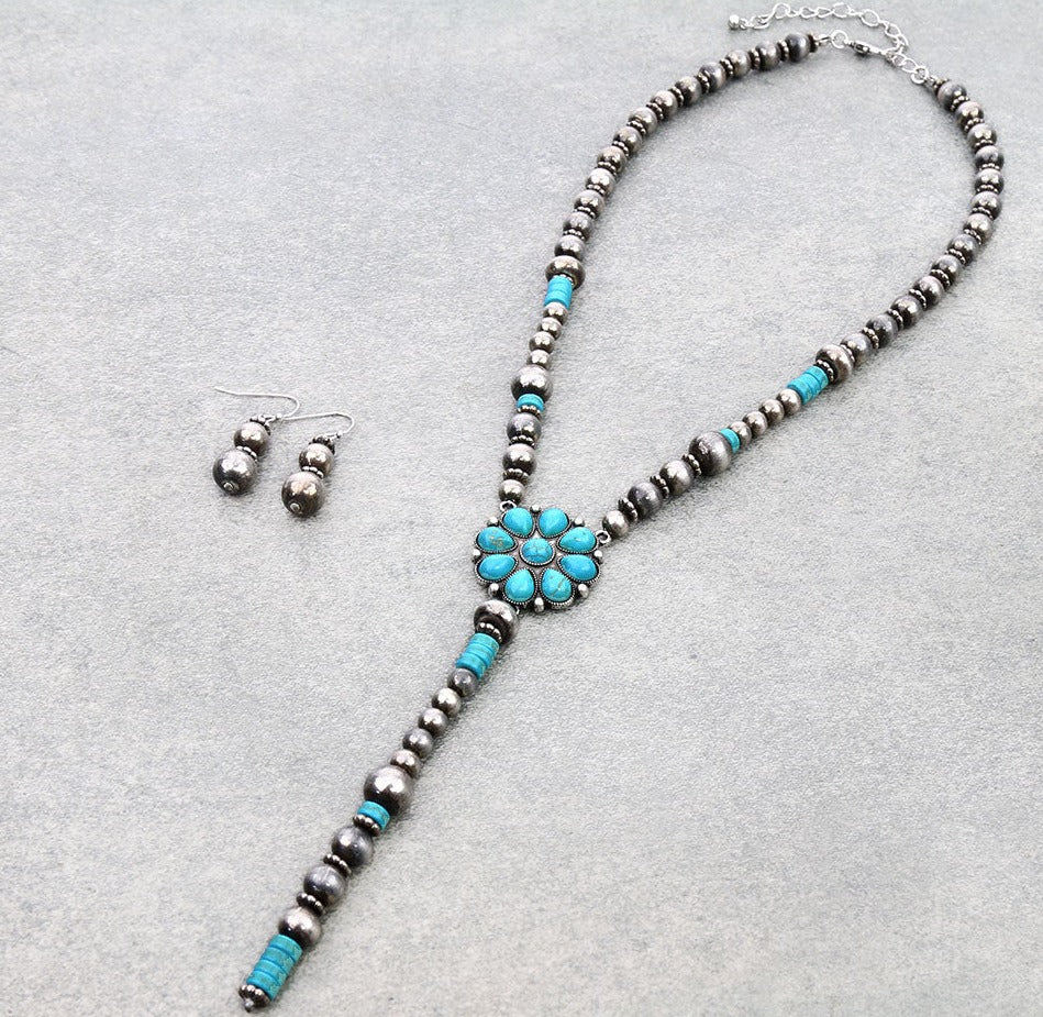 Concord Fashion Concho Lariat Necklace & Earrings - Turquoise