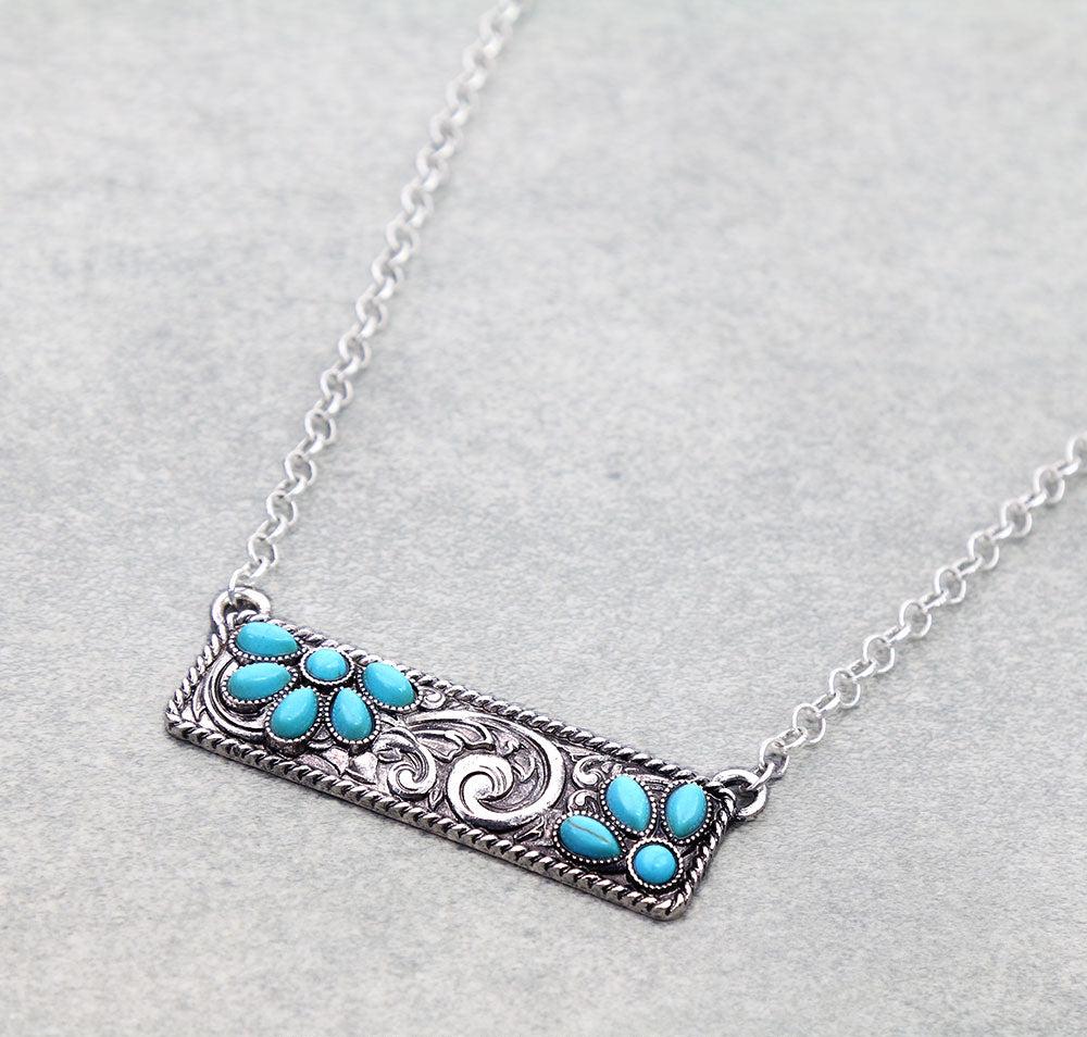 Henley Fashion Silver Stamped Bar Necklace With Turquoise Accents