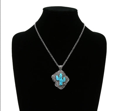 Dusty Framed Stone Cactus Necklace & Earrings - Turquoise