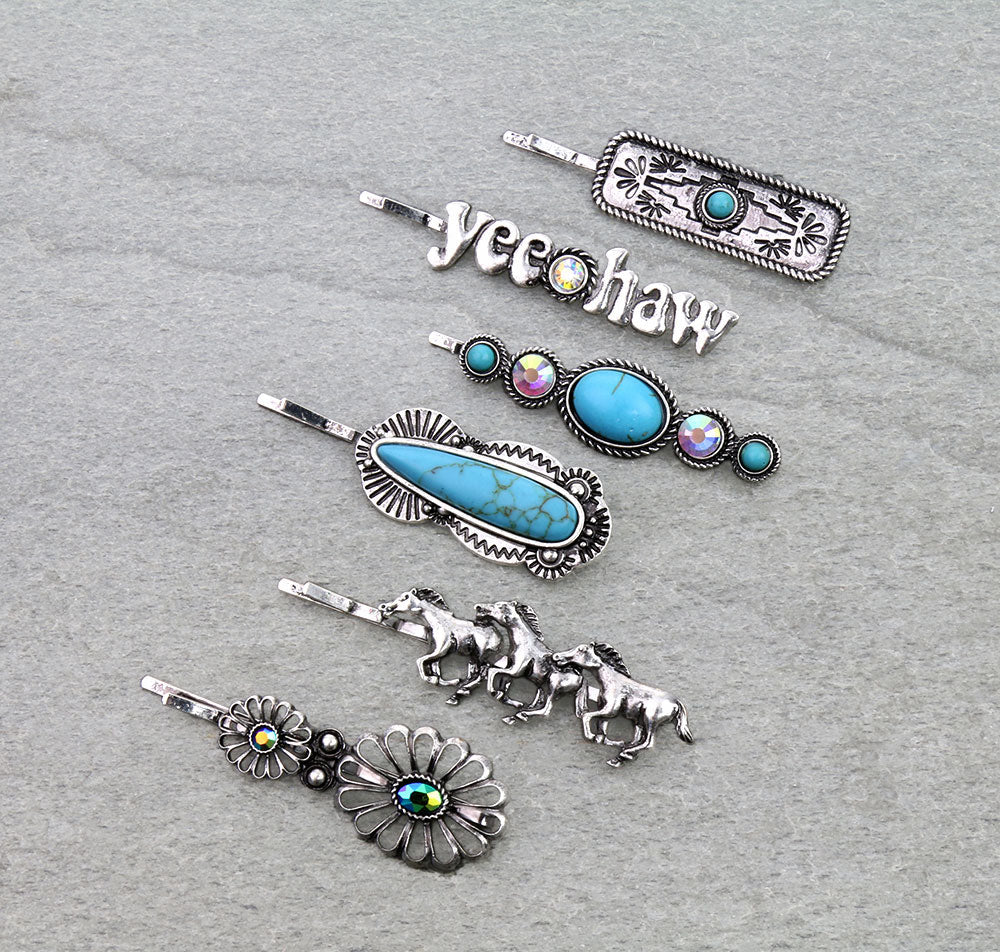 Wild & Free Turquoise & Rhinestone Fashion Silver Concho 5 Piece Hair Pin Set