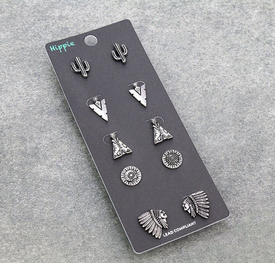 Fashion Silver Indian Cactus Themed Earring Set - 5 pairs