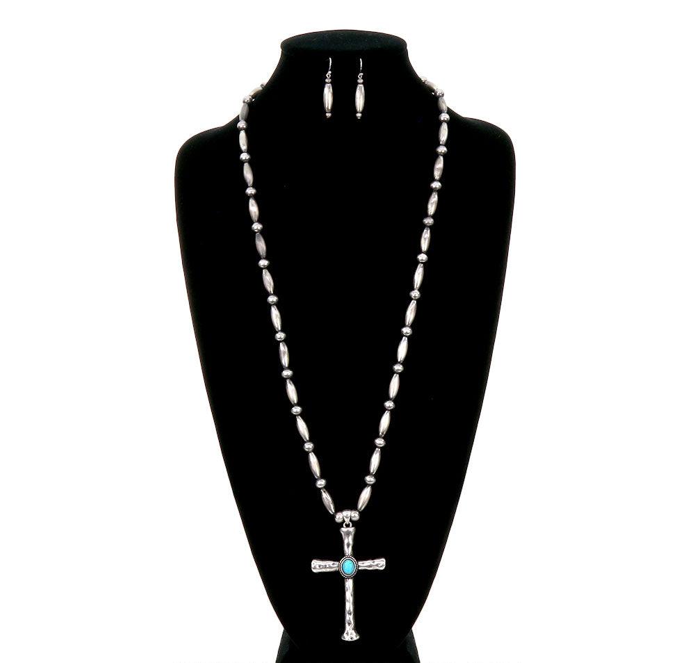 Veronica Fashion Oval Bead Cross Necklace - Turquoise