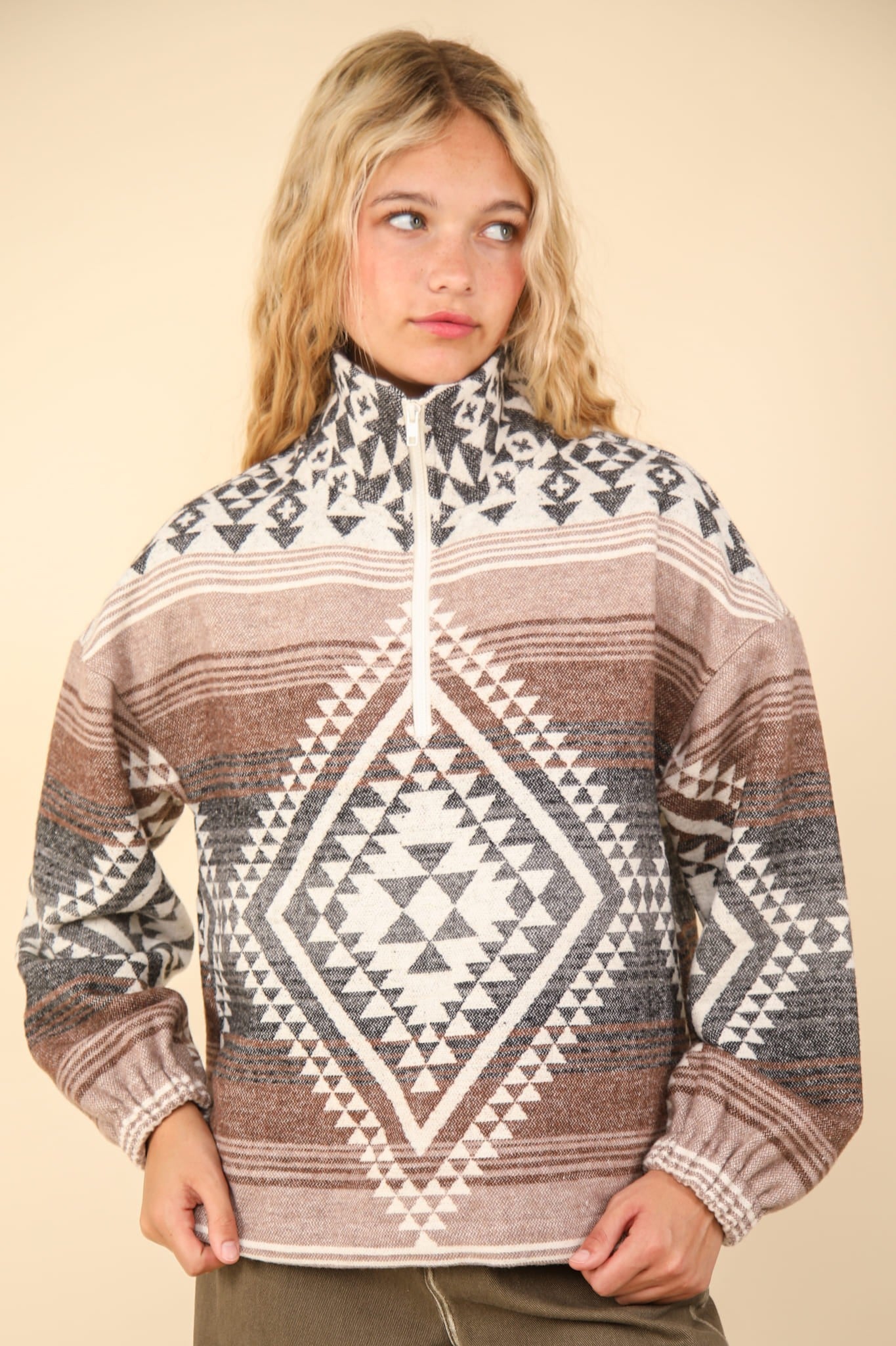 Aztec Printed Henley Woven Pullover Top