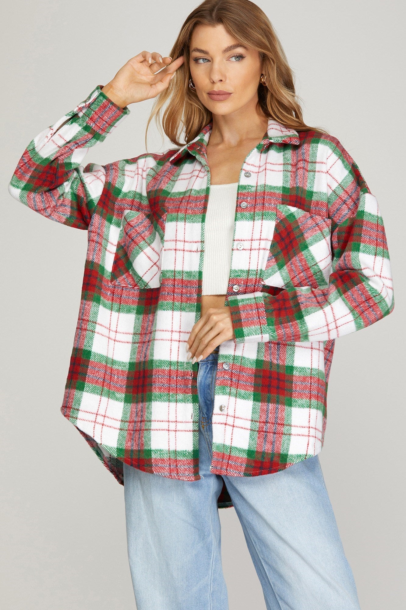 Red & Green Plaid Flannel Shirt Jacket