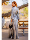 Silver Stunner Metallic Long Sleeve Pleated Maxi Dress