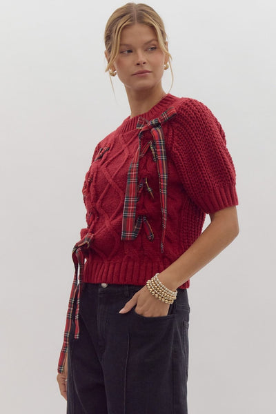 Cable Knit Sweater Plaid Bow Detail