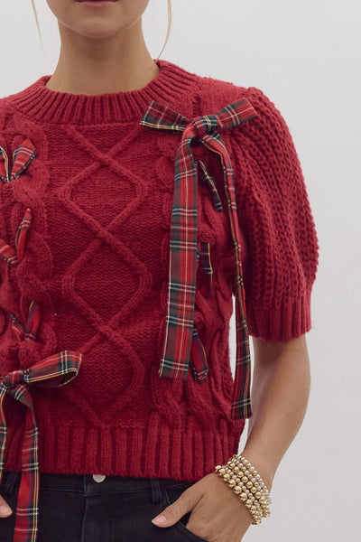 Cable Knit Sweater Plaid Bow Detail