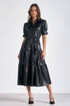 Jennifer Ruffle Sleeve Belted Vegan Leather Dress