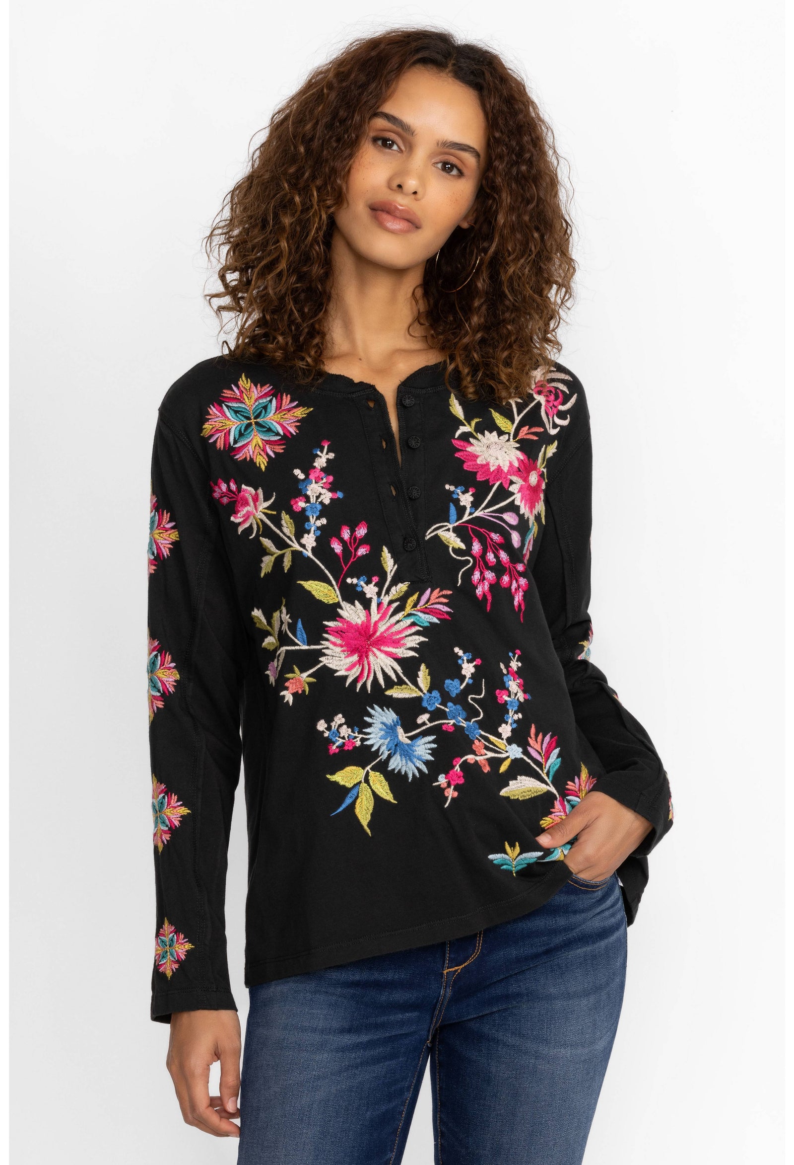 Johnny Was Ulla Floral-Embroidered Henley Thermal Tee