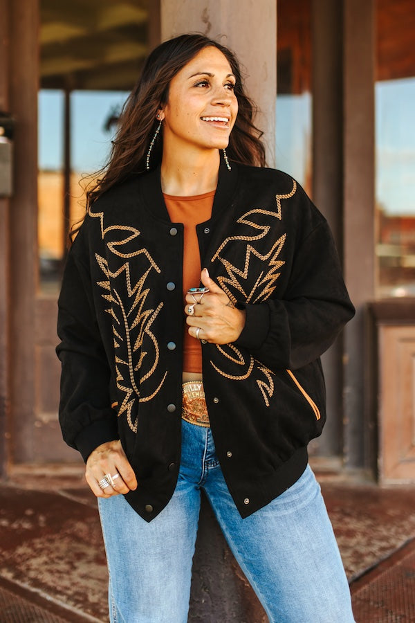 Black Suede Boot Stitching Embroidery Bomber Jacket