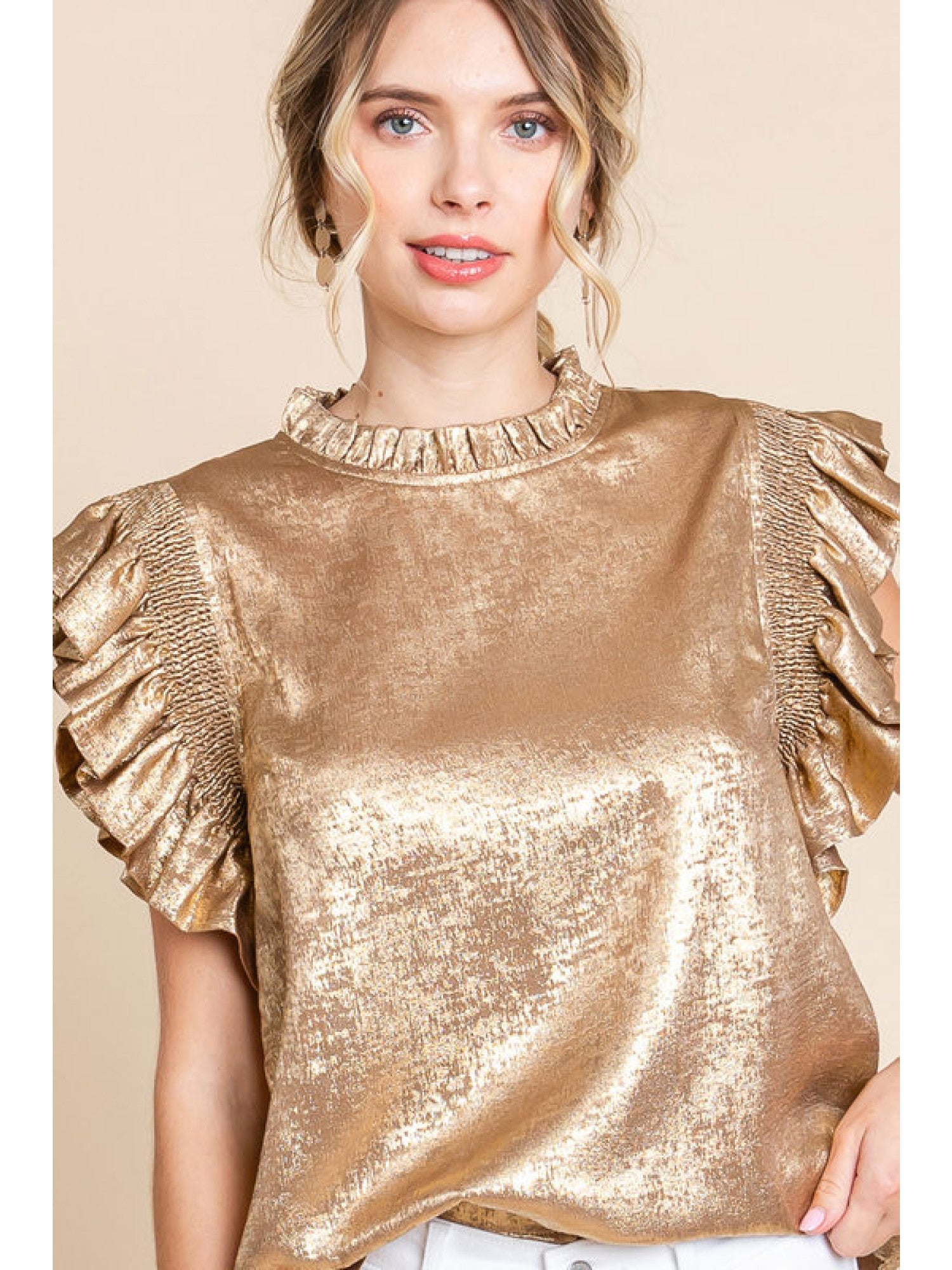 Jodi Metallic Frilled Shoulder Top