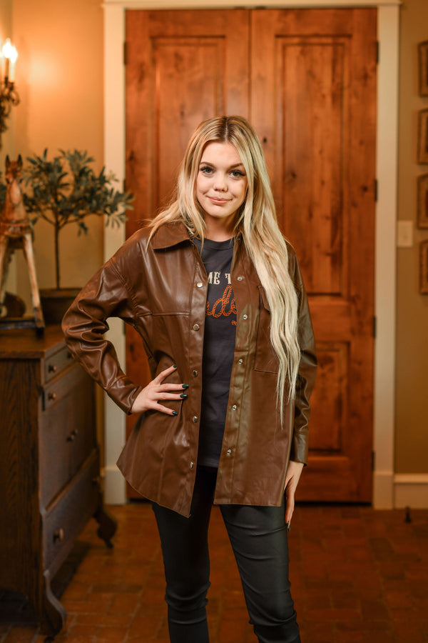 Sassy Khaki Brown Faux Leather Shacket - Edgy Shackets – Shop the Mint