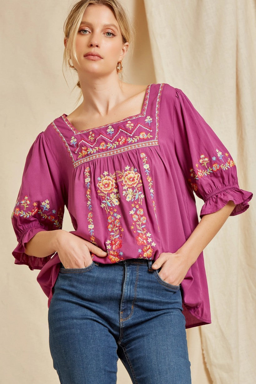 Lucky Brand Embroidered Square Neck Babydoll Top
