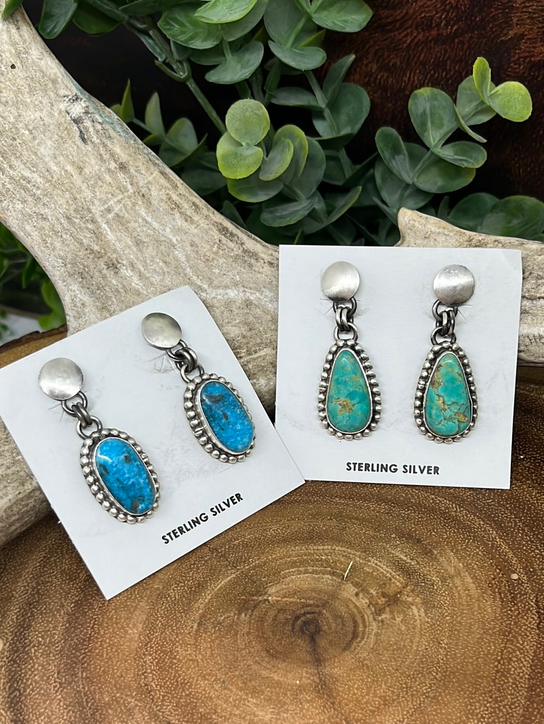 Castor Hammered Sterling Post Earrings With Stone Drop - Turquoise