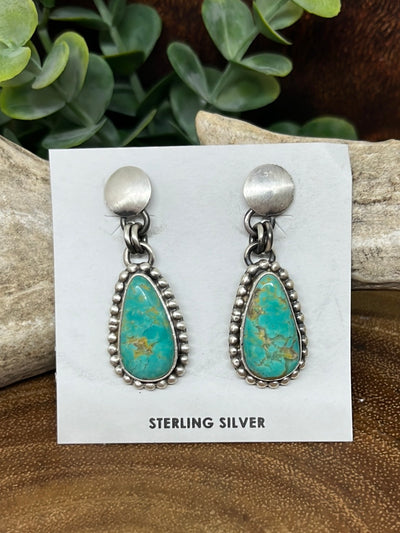 Castor Hammered Sterling Post Earrings With Stone Drop - Turquoise