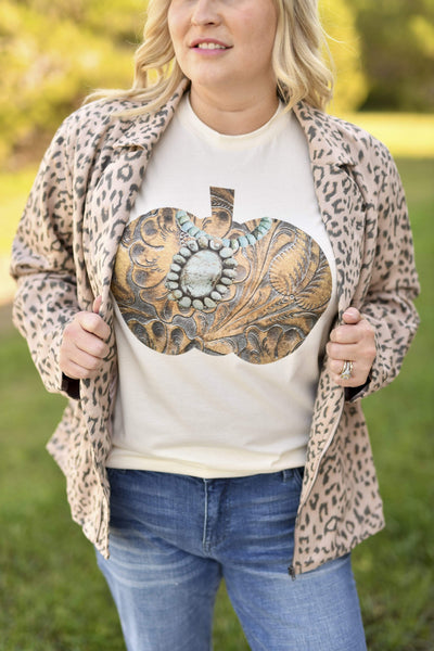 Leather Squash Blossom Pumpkin Graphic Tee - Accessorize In Style